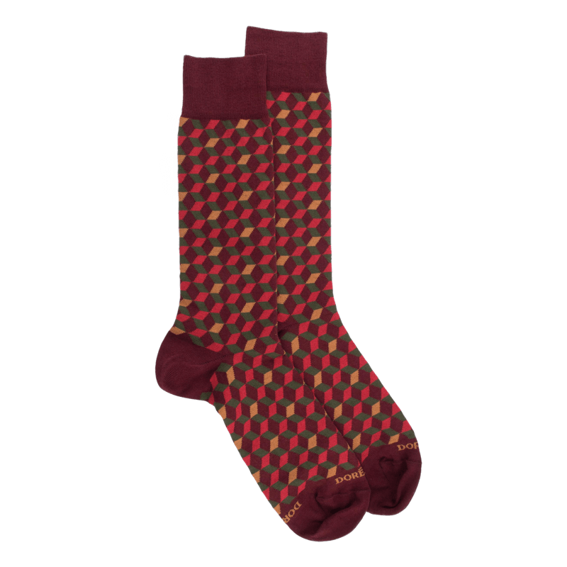 Socken aus ägyptischer Baumwolle für Herren mit 3D-Würfelmuster - Aubergine | Doré Doré