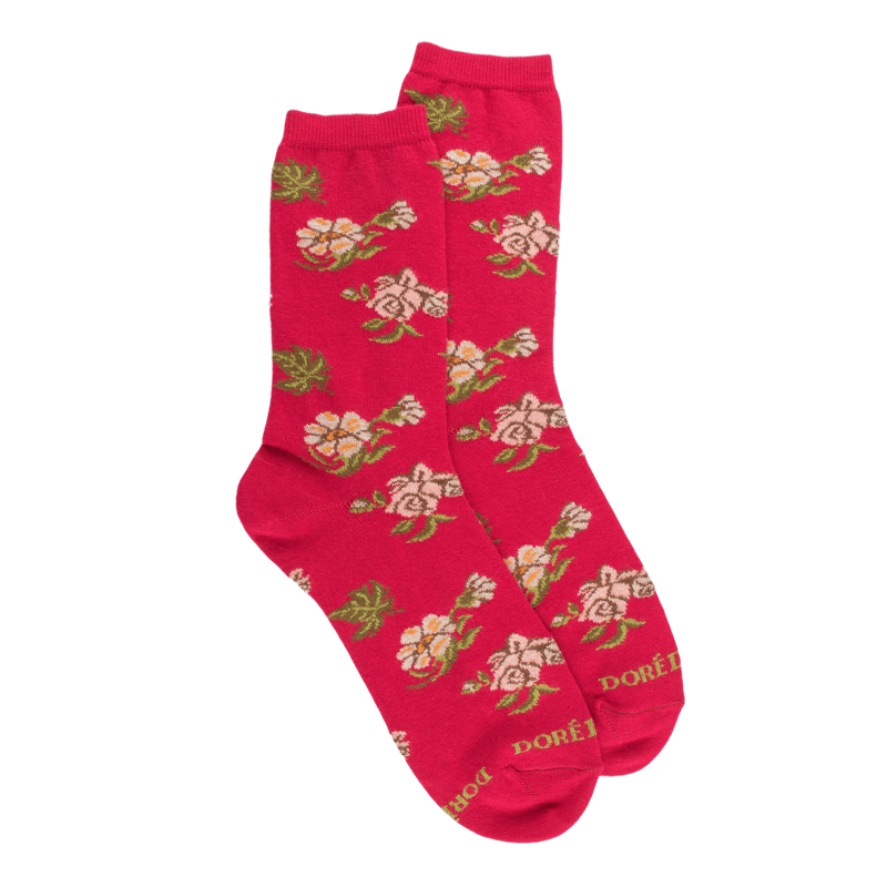 Damen-Socken aus Baumwolle mit Rosenmuster - Rotbarschfarbe | Doré Doré