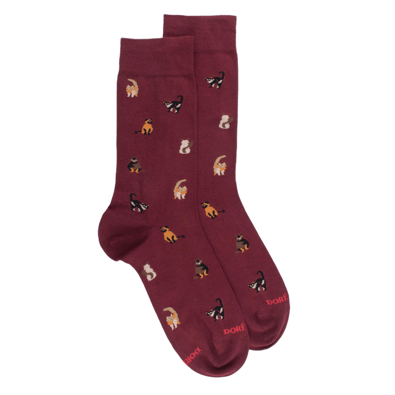 Herren Socken aus Baumwolle mit Katzen Muster - Aubergine | Doré Doré