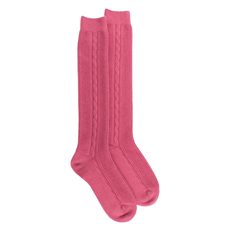Lange Socken aus Wolle und Kaschmir für Damen einfarbig mit Zopfmuster - Altrosa | Doré Doré