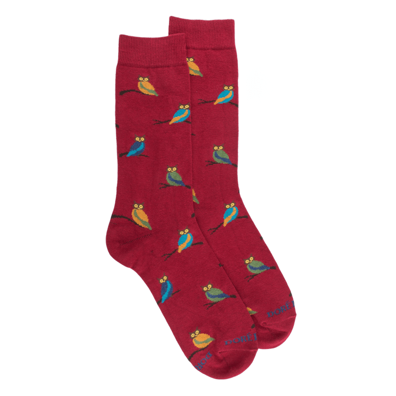 Herrensocken aus Baumwolle mit Eulenmotiv - Amaranthrot | Doré Doré