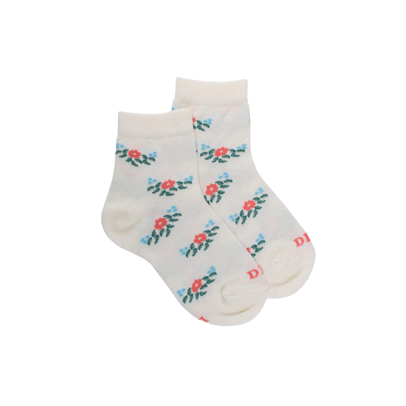 Kurze Kindersocken aus geblümtem Leinen - Creme | Doré Doré