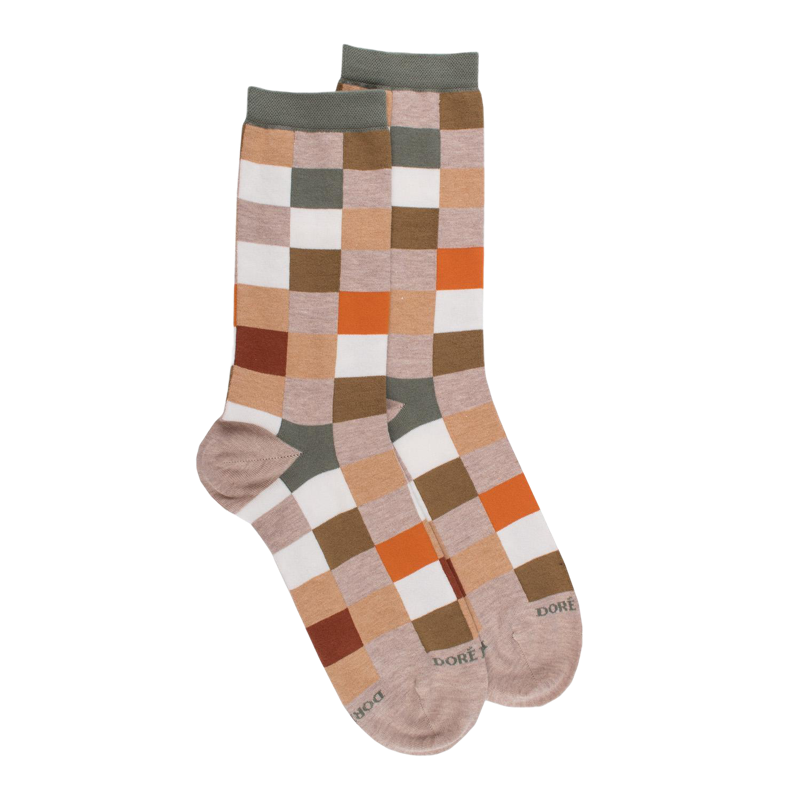 Damen Socken aus ägyptischer Baumwolle mit Karomuster - Sahara Beige | Doré Doré
