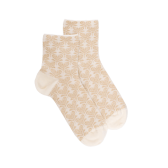 Kurze Damensocken aus Leinen mit herzförmigem Blumenmuster und Glitzereffekt - Creme | Doré Doré