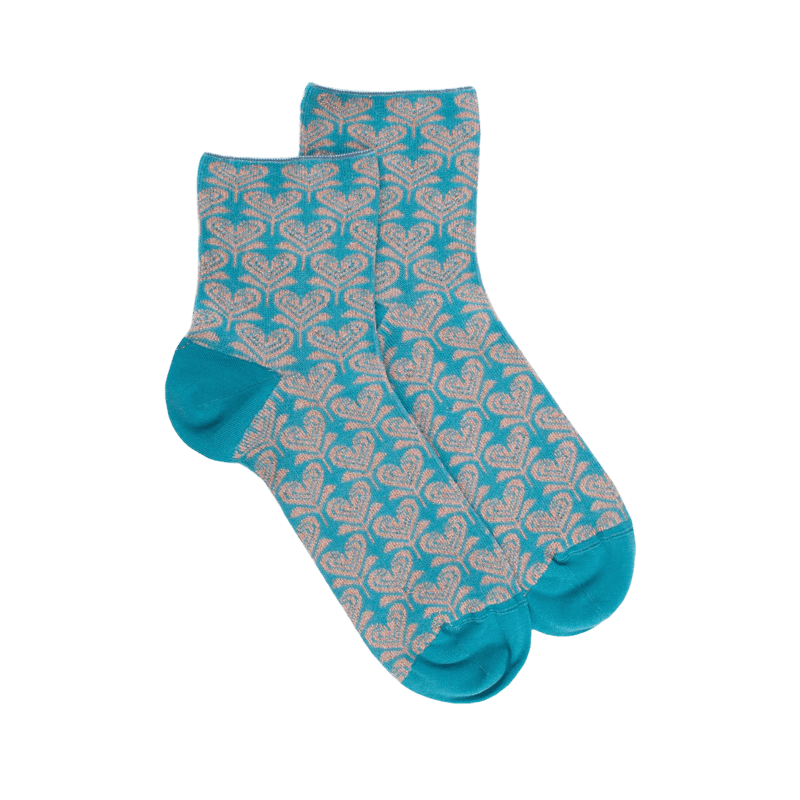 Kurze Damensocken aus Leinen mit herzförmigem Blumenmuster und Glitzereffekt - Blau | Doré Doré