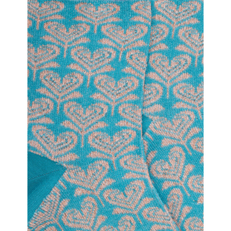 Kurze Damensocken aus Leinen mit herzförmigem Blumenmuster und Glitzereffekt - Blau | Doré Doré