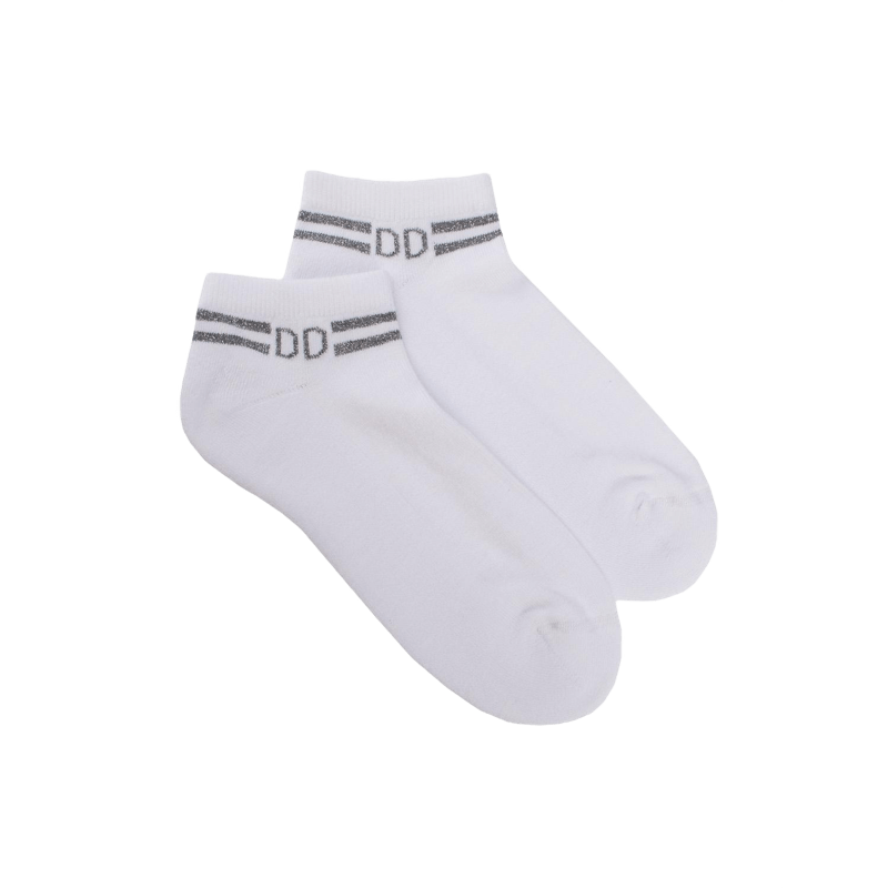 Kurze Damensocken aus einfarbigem Baumwollfrottee mit Streifen und glänzendem Logo-Effekt - Weiß | Doré Doré