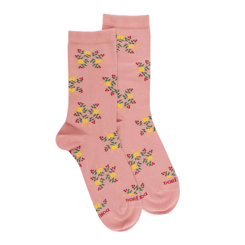 Kurze Damensocken aus Leinen mit Blumenmuster - Rosa | Doré Doré