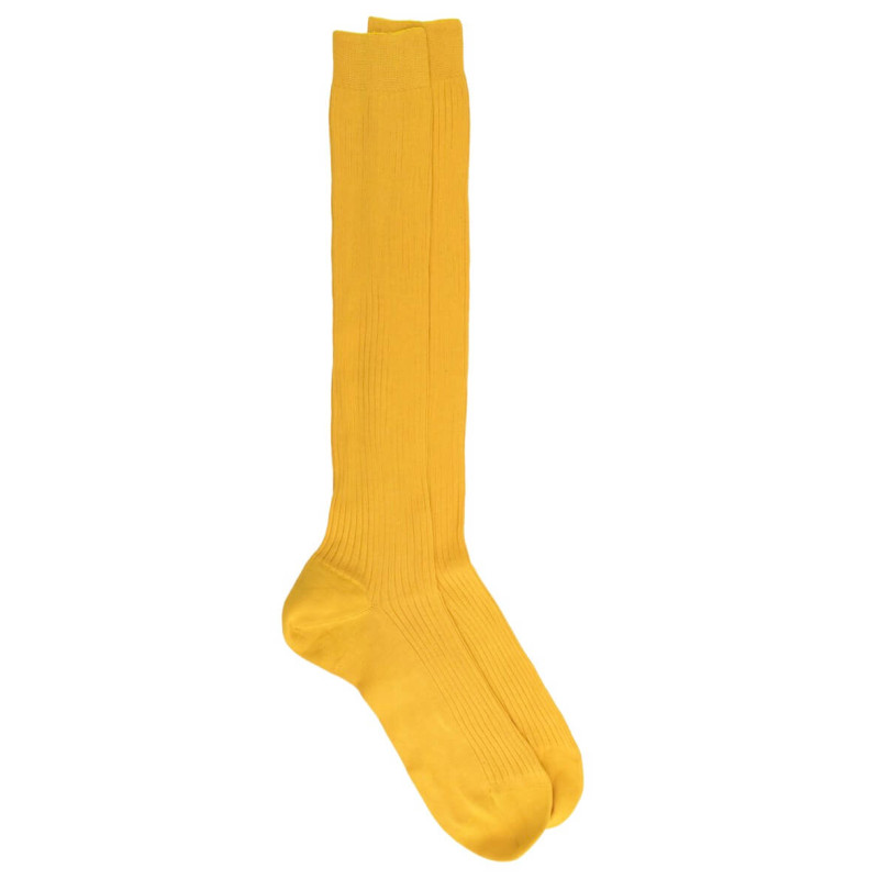 Gerippte Herren-Kniestrümpfe aus 100% Schottlandgarn - Papaya-Gelb | Doré Doré
