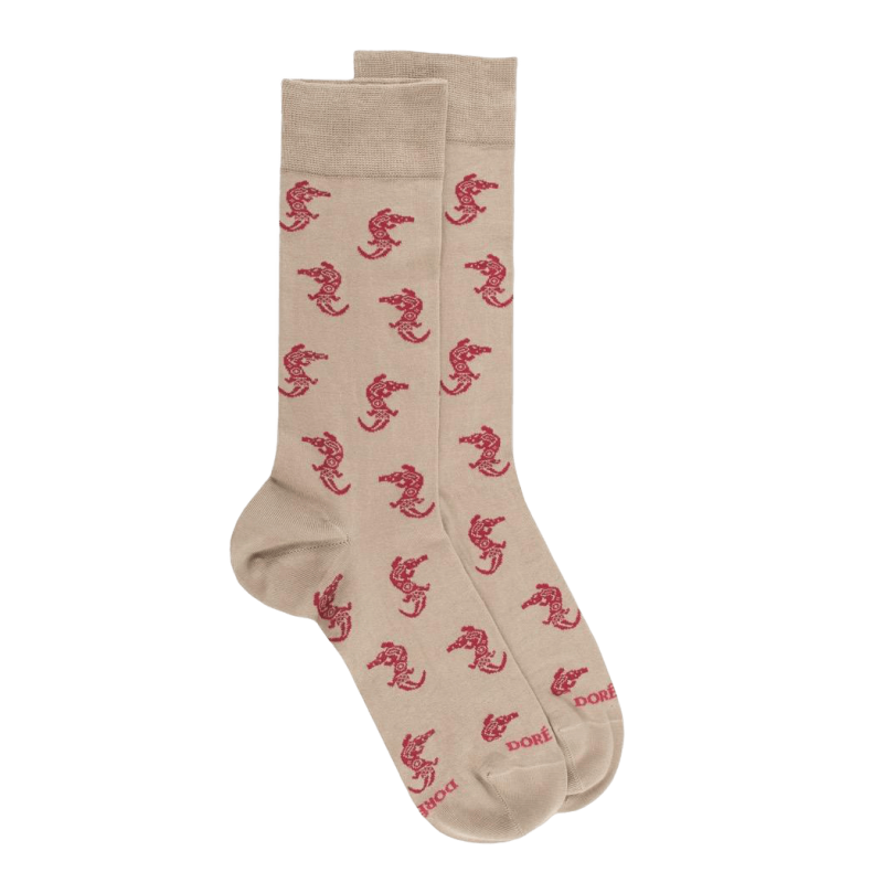 Herren Socken aus Baumwolle mit Krokodil Tattoo Muster - Beige | Doré Doré