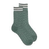 Damen Socken aus Baumwolle lisle mit Lochmuster und gestreiftem Kontrastbündchen - Grün/Hellgrau | Doré Doré