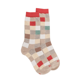 Kinder Socken aus Baumwolle mit Karomuster - Beige/Rot | Doré Doré