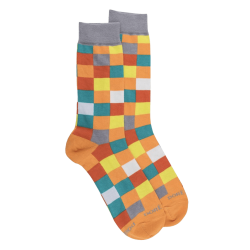 Herren Socken aus Baumwolle mit Karomuster - Orange/Grau | Doré Doré