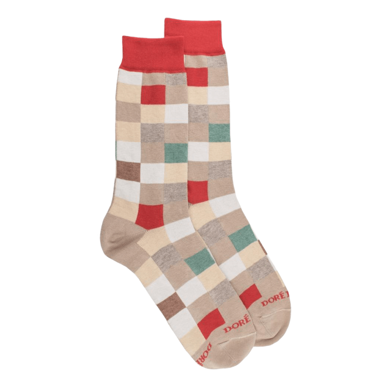 Herren Socken aus Baumwolle mit Karomuster - Beige/Rot | Doré Doré