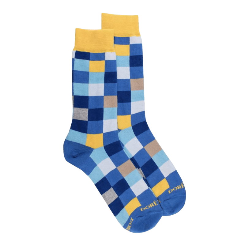 Herren Socken aus Baumwolle mit Karomuster - Blau/Papaya Gelb | Doré Doré