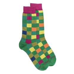Herren Socken aus Baumwolle mit Karomuster - Grün/Pink | Doré Doré