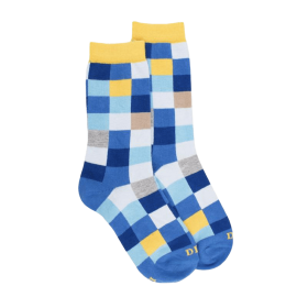 Kinder Socken aus Baumwolle mit Karomuster - Blau/Papaya Gelb | Doré Doré