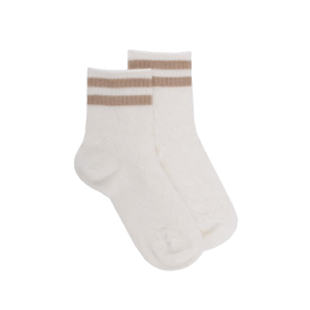 Kinder Socken aus Baumwolle mit Lochmuster und gestreiftem Kontrastbündchen - Creme/Sand | Doré Doré