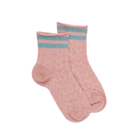 Kinder Socken aus Baumwolle mit Lochmuster und gestreiftem Kontrastbündchen - Rosa/Blaugrün | Doré Doré