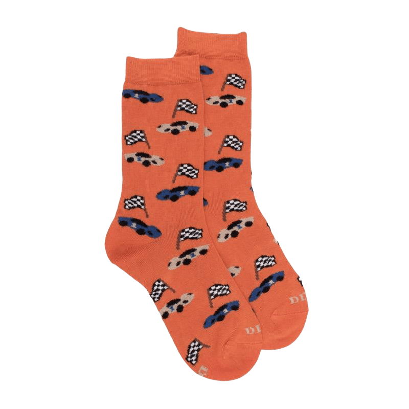 Kinder Socken aus Baumwolle mit Rennwagen Muster - Orange | Doré Doré