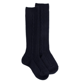 Lange Socken für Jungen aus Schurwolle und Kaschmir mit vertikaler Zopfung - Navy Blau | Doré Doré