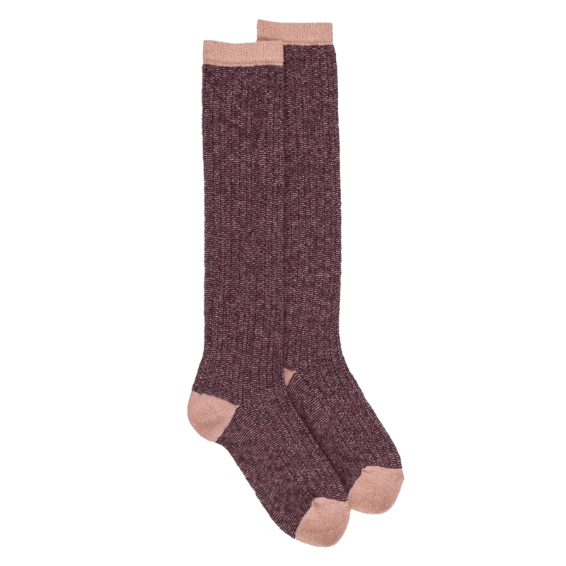 Lange Socken für Damen aus Wolle und Baumwolle mit vertikalen, perforierten Streifen mit Glanzeffekt - Burgund und hellrosa | Do