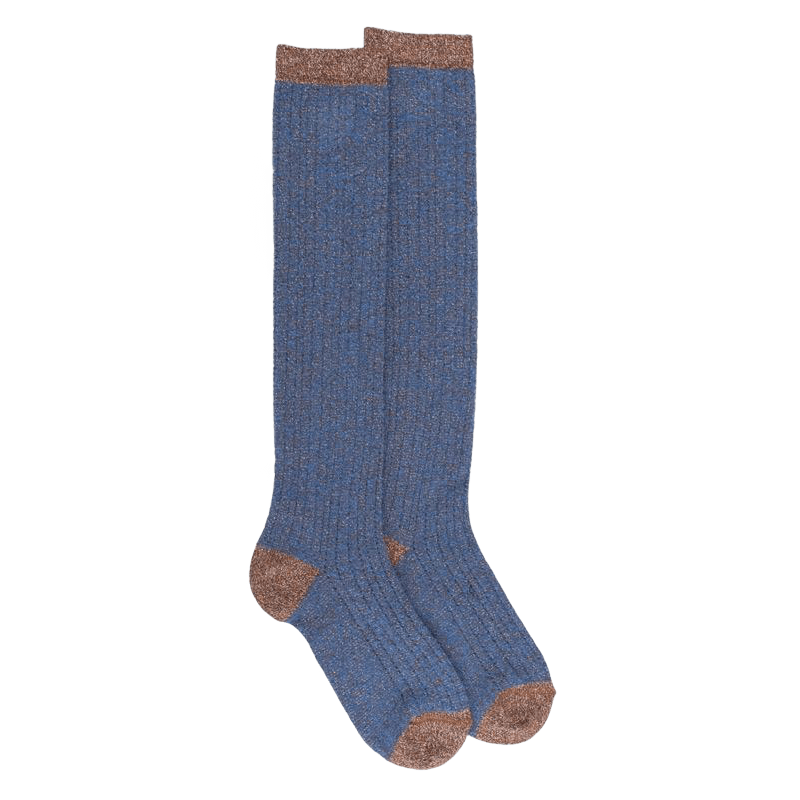 Lange Socken für Damen aus Wolle und Baumwolle mit vertikalen, perforierten Streifen mit Glanzeffekt - Saphirblau & Haselnuss | 