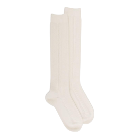 Lange Socken aus Wolle und Kaschmir für Damen einfarbig mit Zopfmuster - Creme | Doré Doré