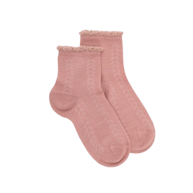 Kinder Socken aus Baumwolle lisle mit Lochmuster und Glitzer-Kontrastbündchen - Rosa | Doré Doré