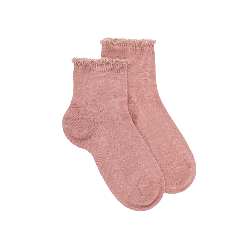 Kinder Socken aus Baumwolle lisle mit Lochmuster und Glitzer-Kontrastbündchen - Rosa | Doré Doré