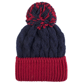 Mütze aus gedrehter Wolle mit Bommel - Blau und Rot