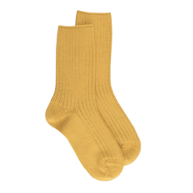Gerippte Socken DD aus dicker Merinowolle - Gelb