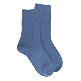 Gerippte Socken DD aus dicker Merinowolle - Blau